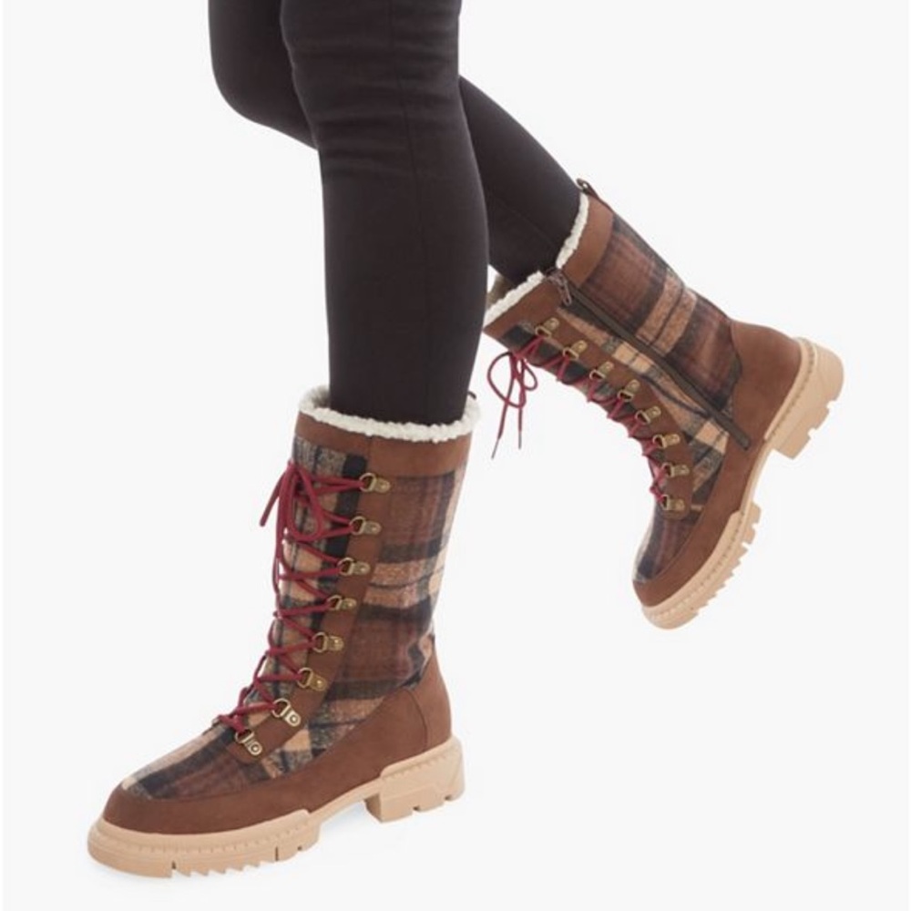 Brown Plaid Lace-Up Women's Winter Boots